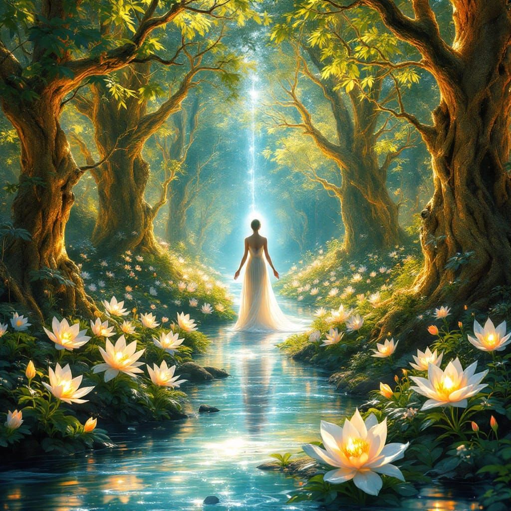 Ethereal Goddess in the Golden Garden of Serenity