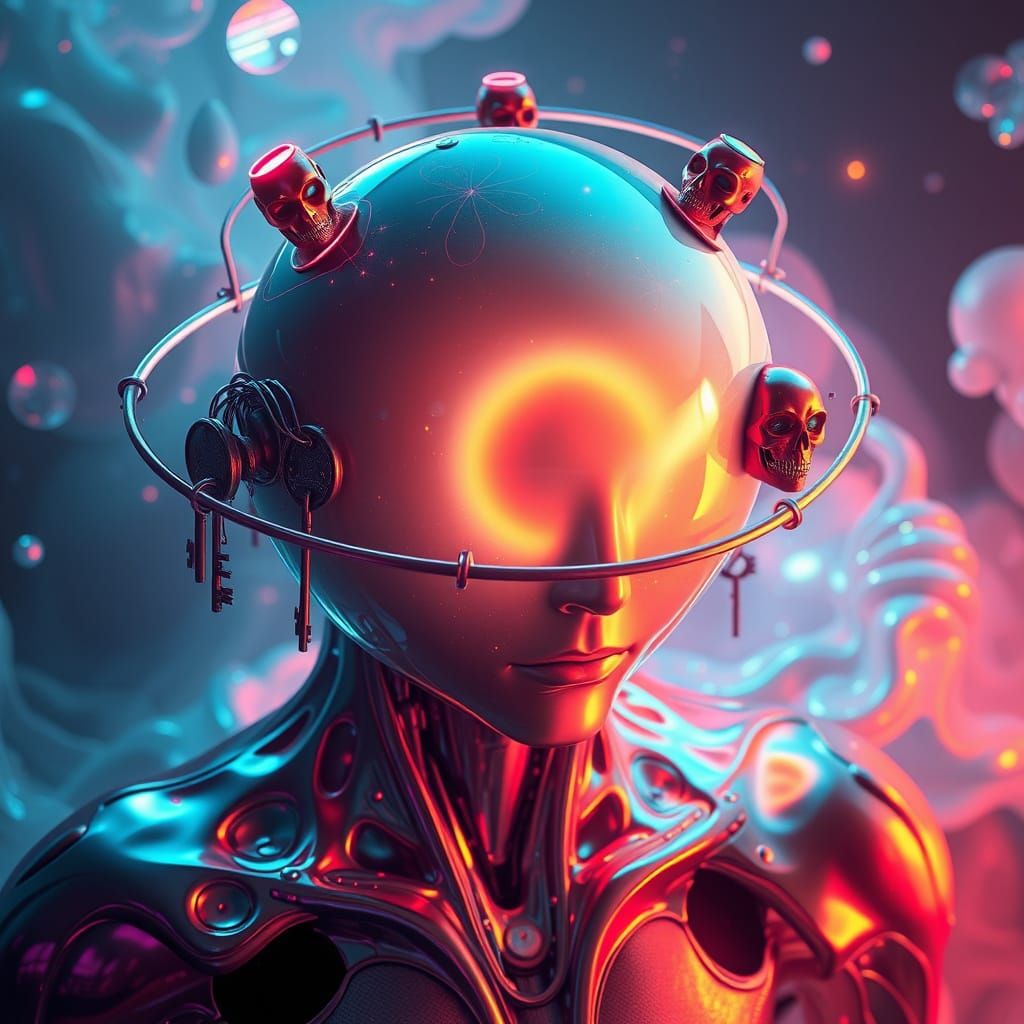 Ethereal Glowing Sphere Head with Symbolic Orbits