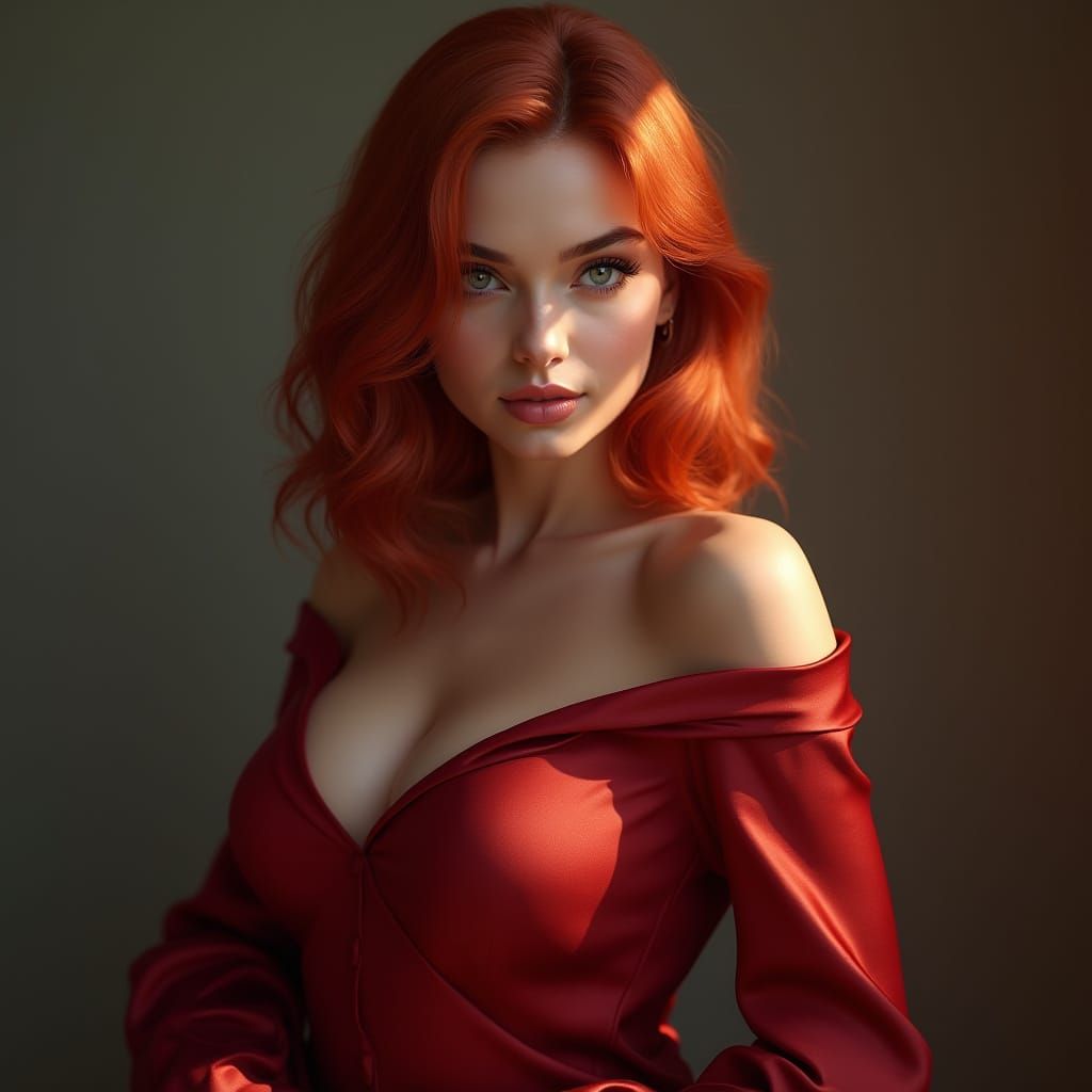 Elegant Woman in Crimson Satin with Fiery Red Hair
