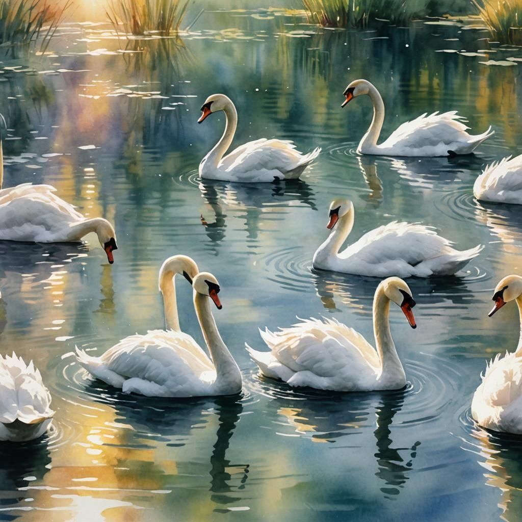 Majestic Swans in Watercolor and Airbrush Art