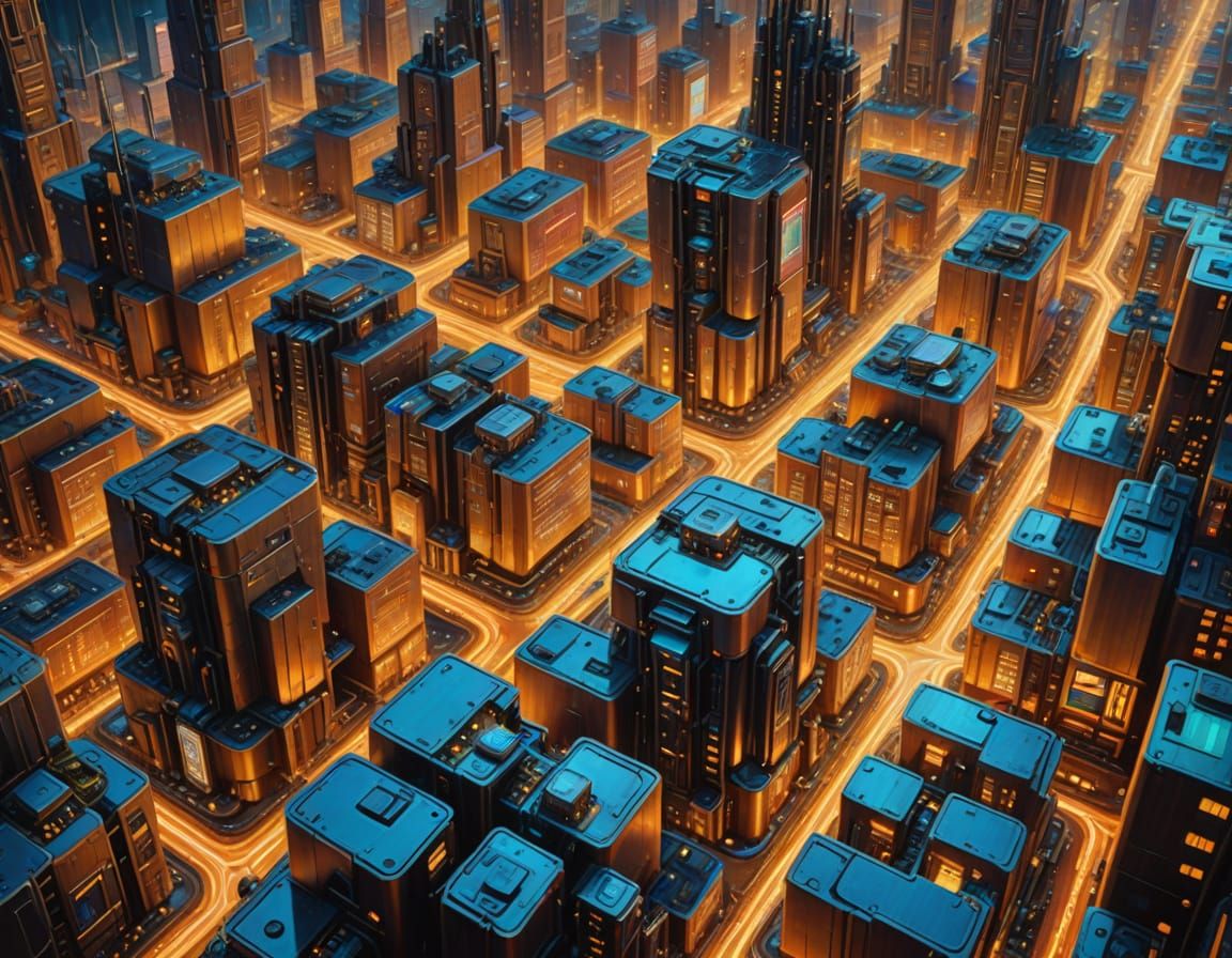 Futuristic Microchip Metropolis in Science Fiction Oil Paint...
