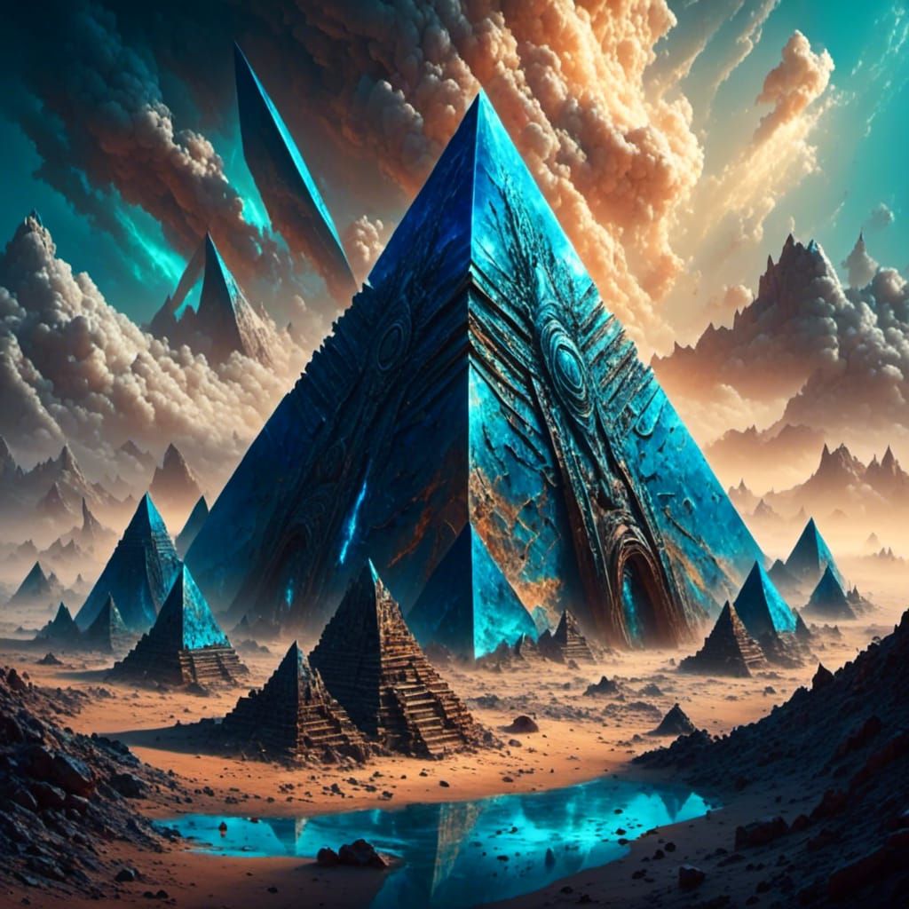 Ammolite Pyramids in a Vibrant Blue Desert Landscape