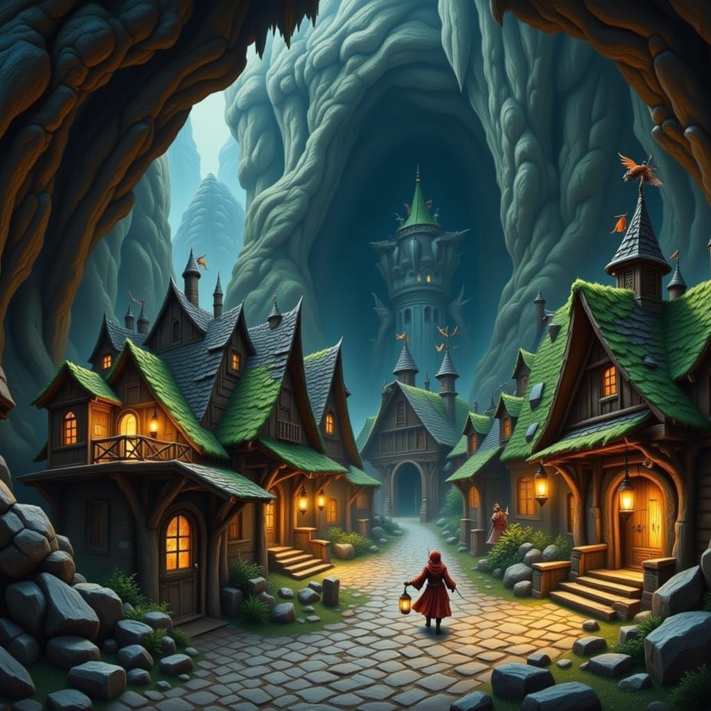 Dwarven Warrior Discovers Whimsical Cave Village