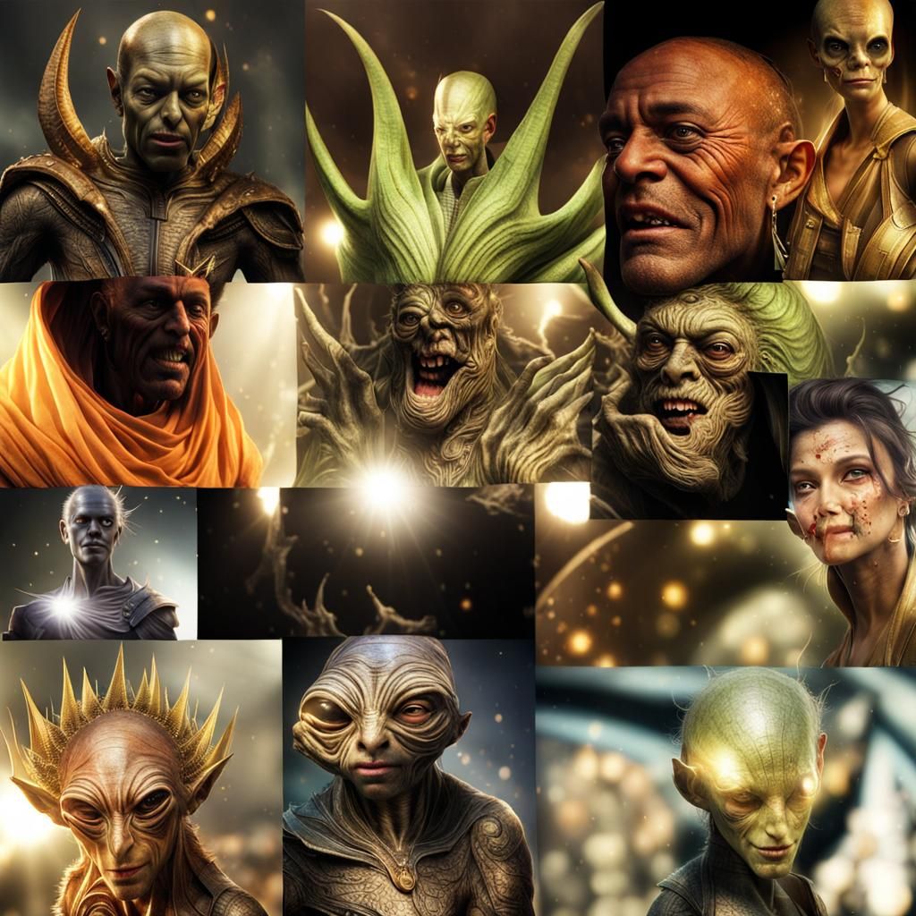Photorealistic Aliens in Subdued Lighting: Detailed 8K Image