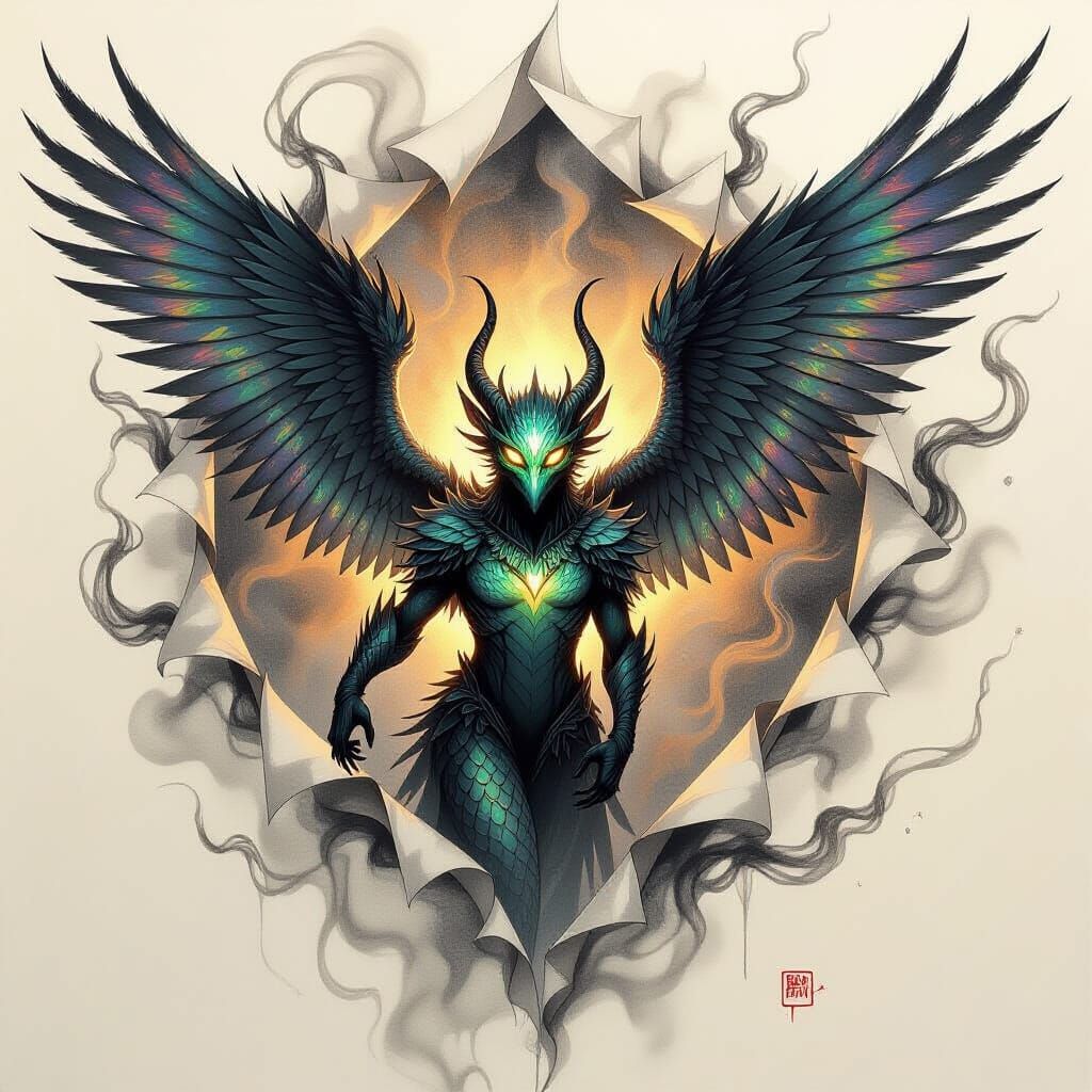 Fantasy Creature Emerging from Paper as Charcoal Drawing