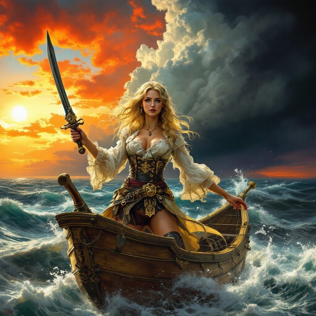 Powerful Blonde Pirate Commands Her Ship in a Stormy Seascap...