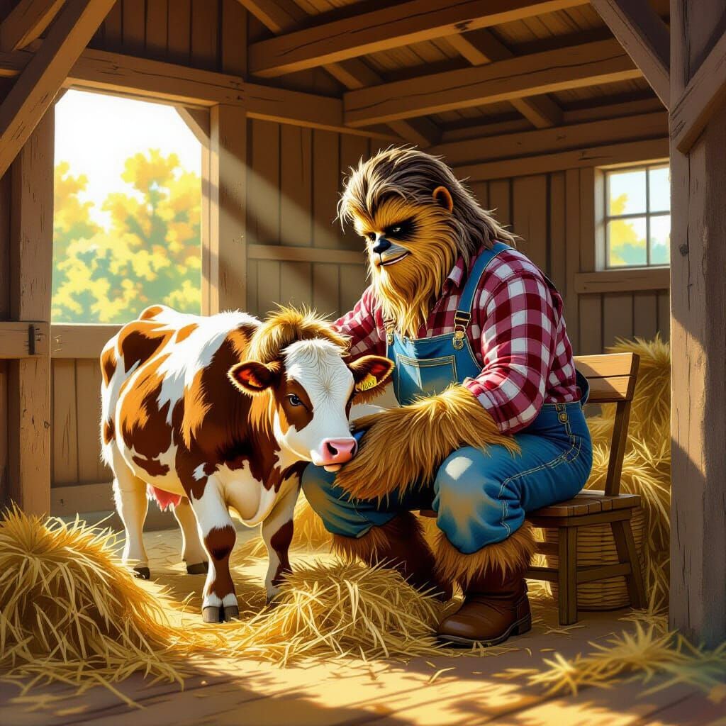 Wookiee Farmer Milking Cow in Sunlit Barn