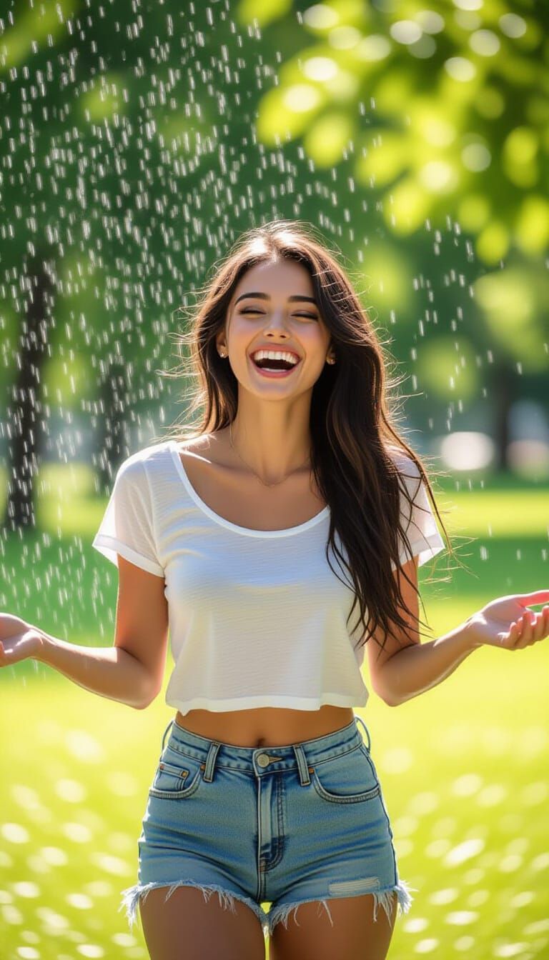 Woman Drenched by Sprinklers in Photorealistic Style