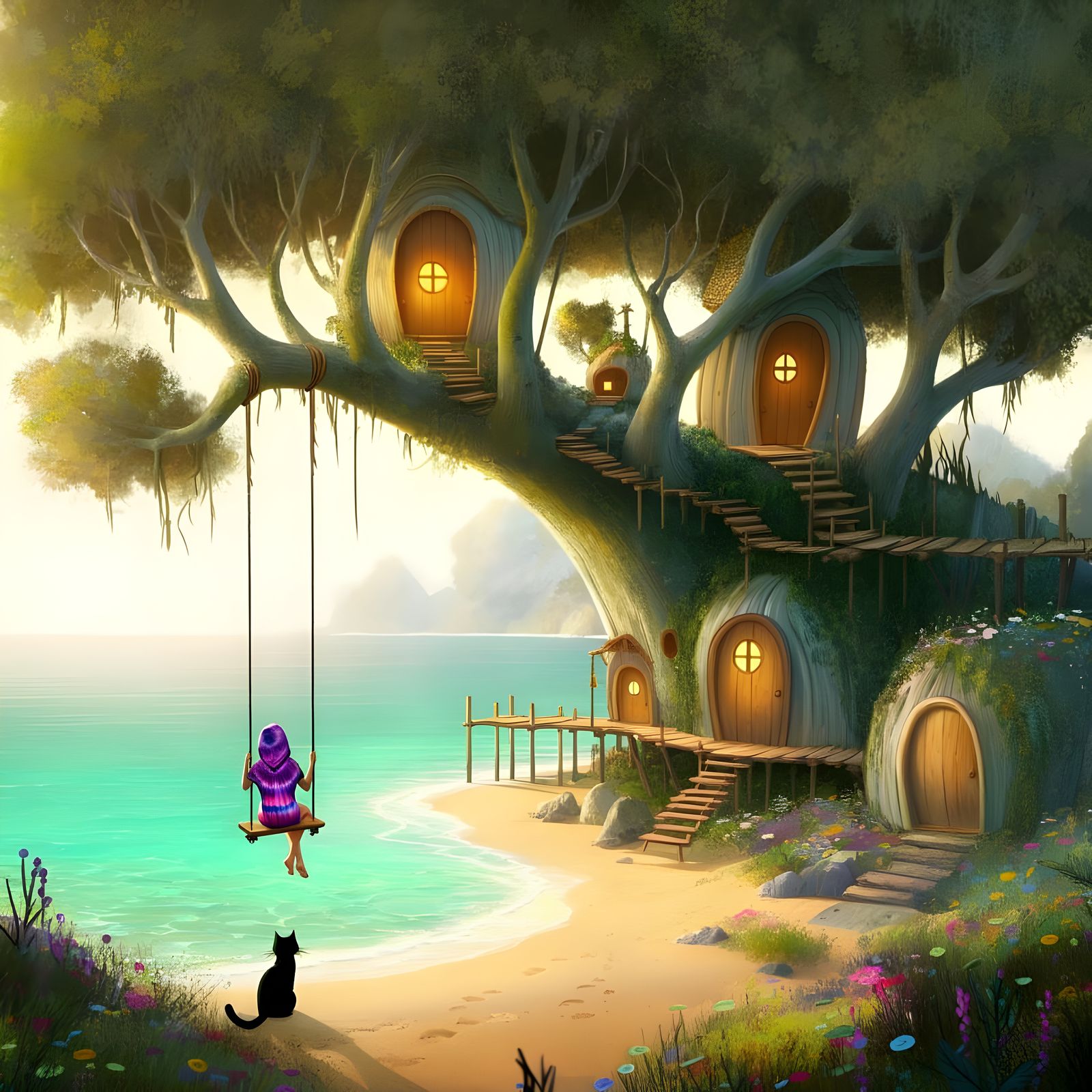 Whimsical Beachside Oasis in Vibrant Colors