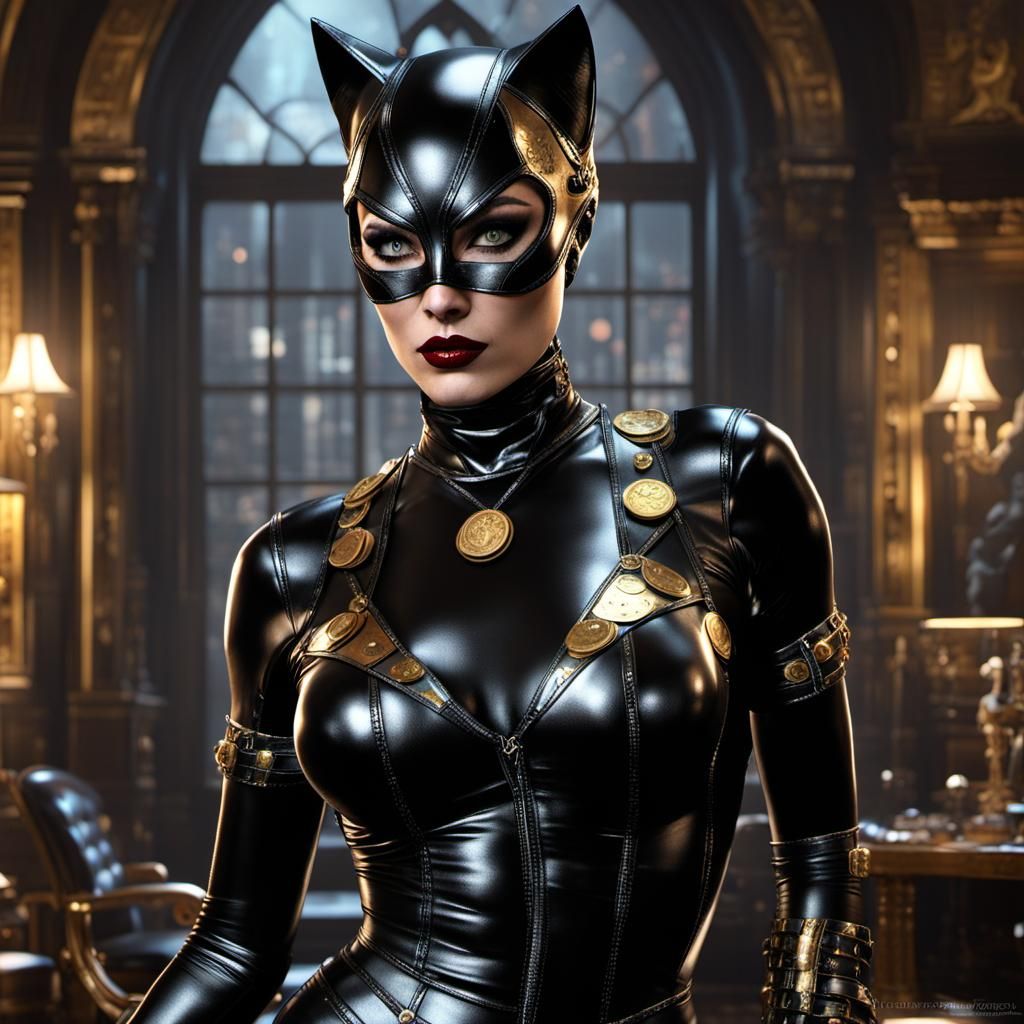Gothic Catwoman in Opulent Bedroom, Hyperdetailed Fantasy