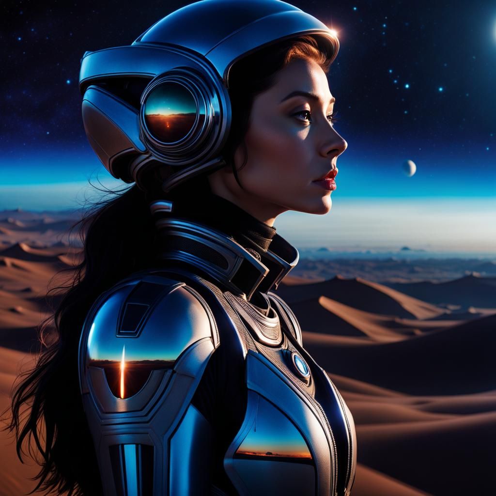 Woman in Spacesuit on Alien Planet at Sunset
