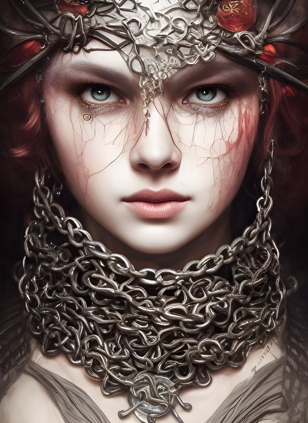 Hyperrealistic Portrait of Iron Chains and Embers