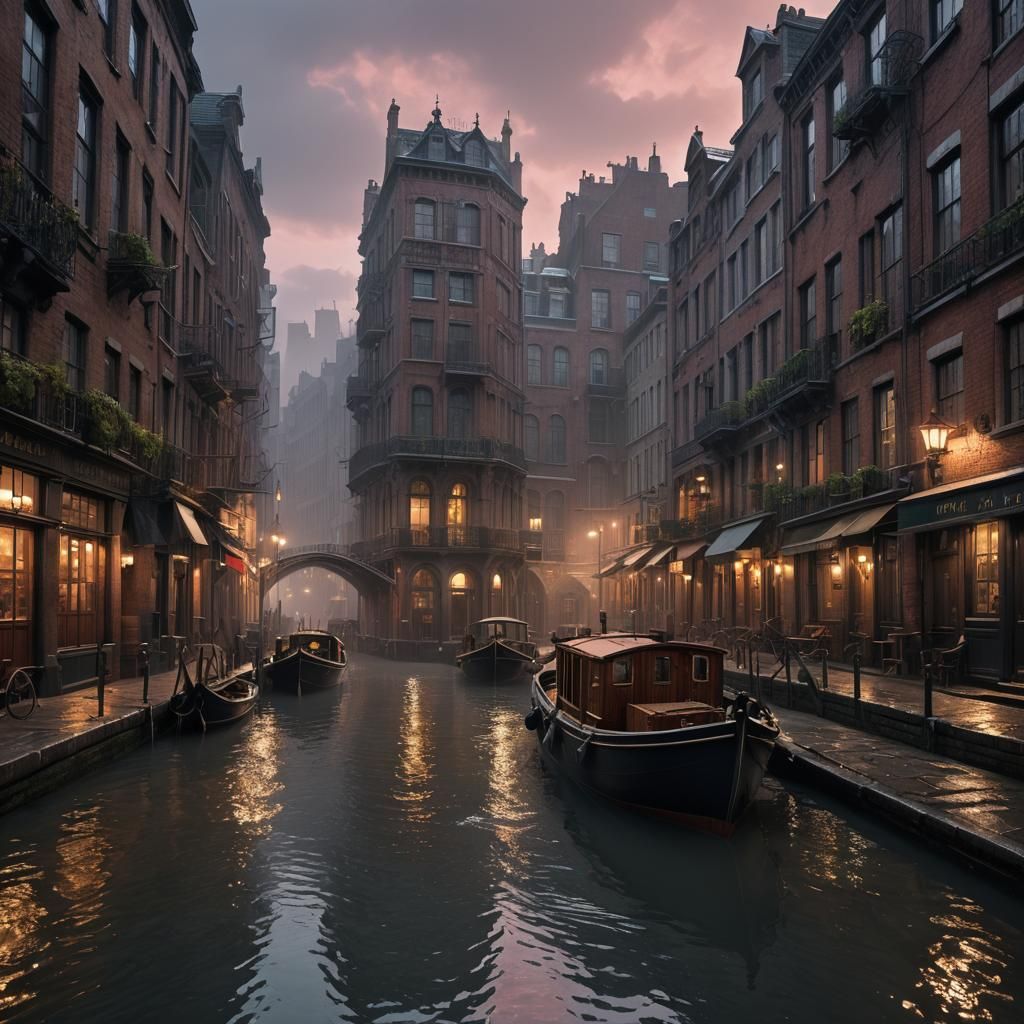 Early 20th Century Canal Street in Winter, Detailed Matte Pa...