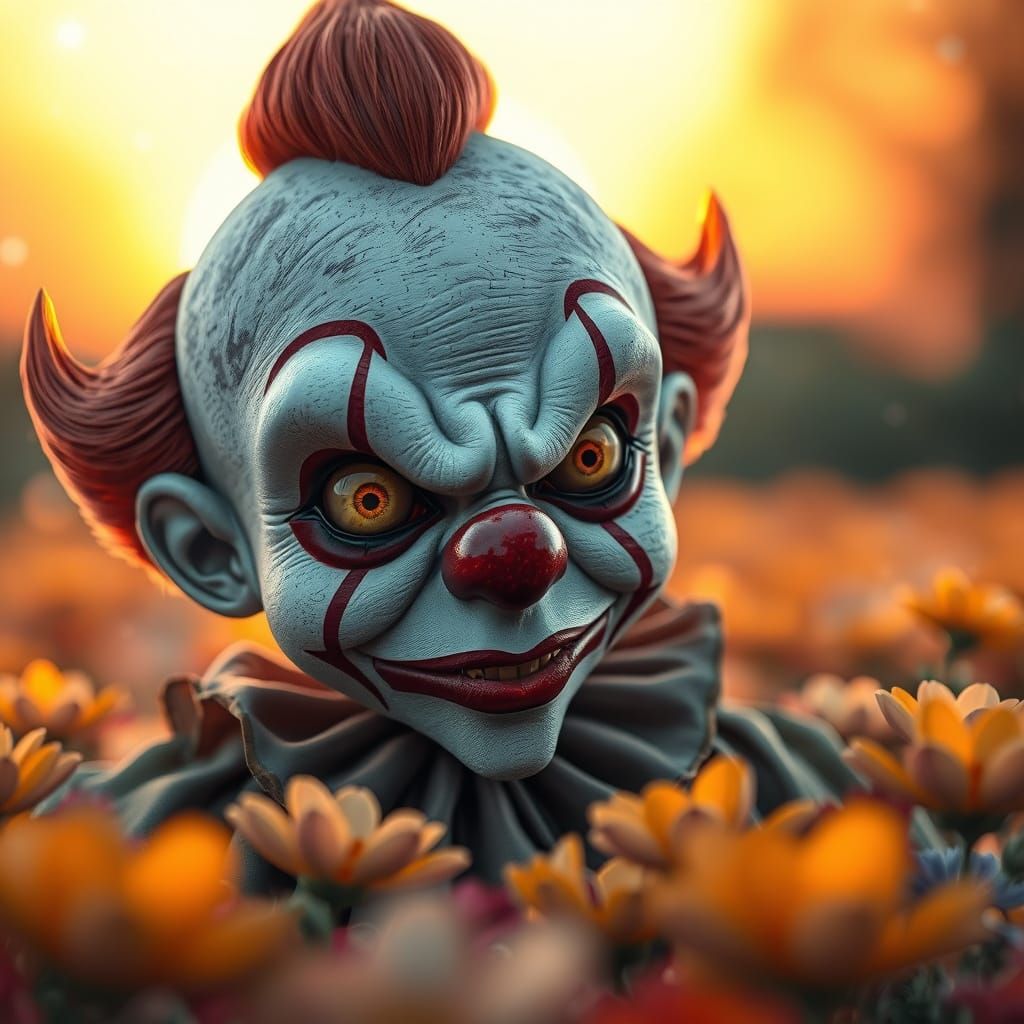 Whimsical Clown in a Sunset Field of Dreams