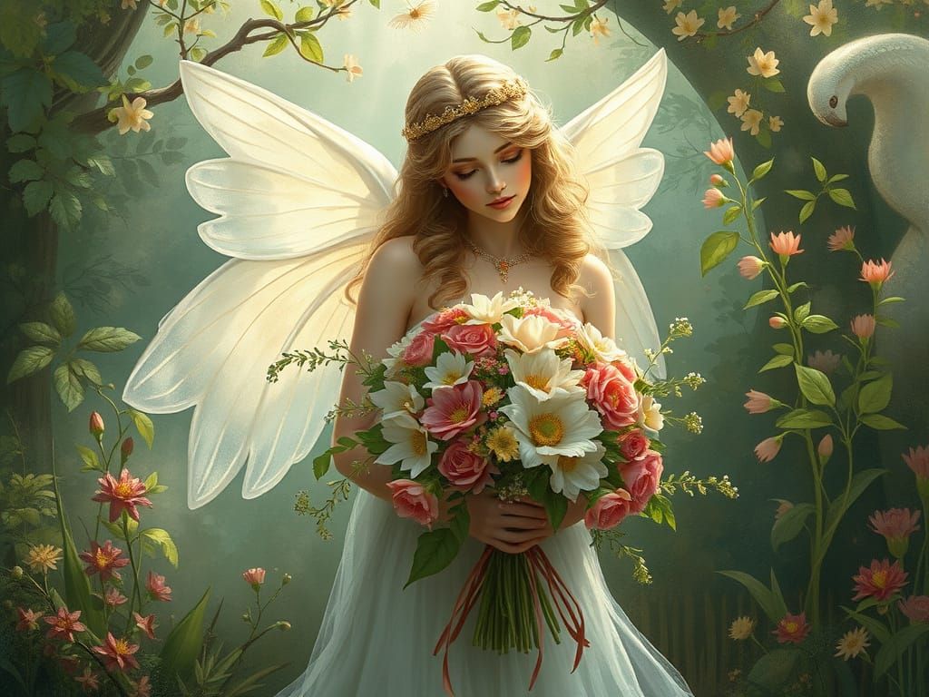 Flora Goddess Embracing Spring Bouquet in Dreamy Illustratio...