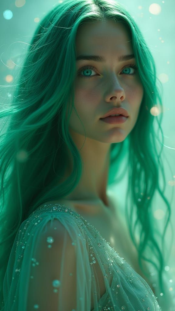 Ethereal Woman with Glowing Green Hair in Dreamlike Landscap...