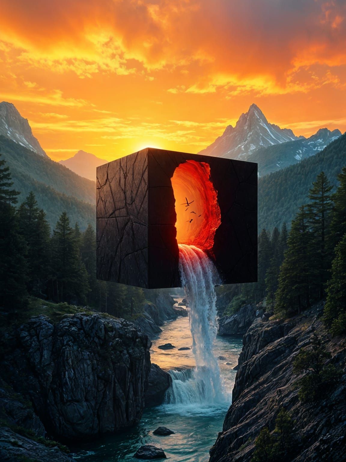 Surreal Futuristic City Cube Amidst Majestic Mountains and P...