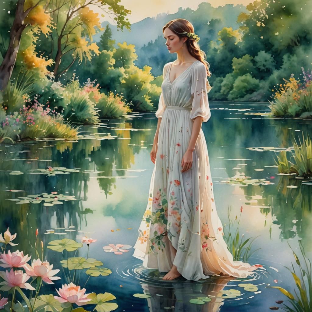 Woman in White Dress: Vibrant Watercolor Painting