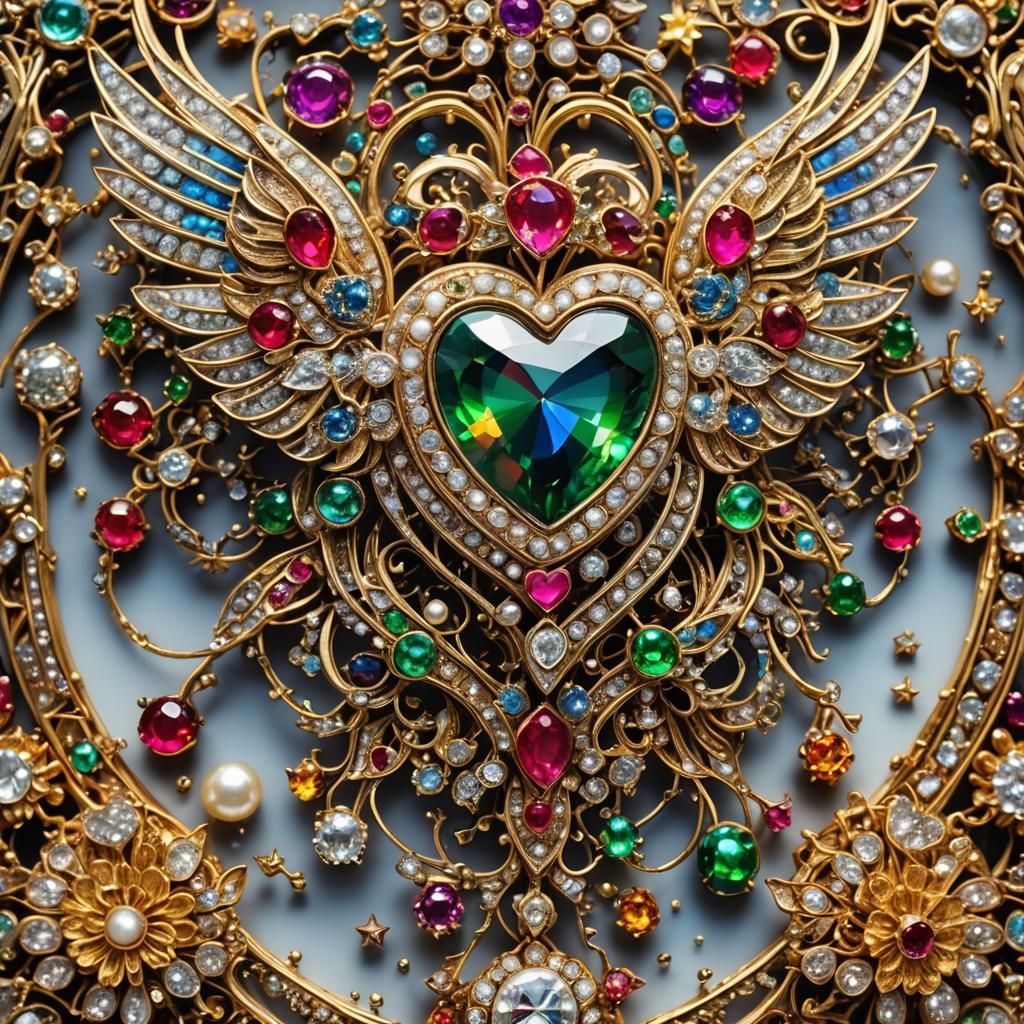 Winged Heart Brooch with Precious Gems