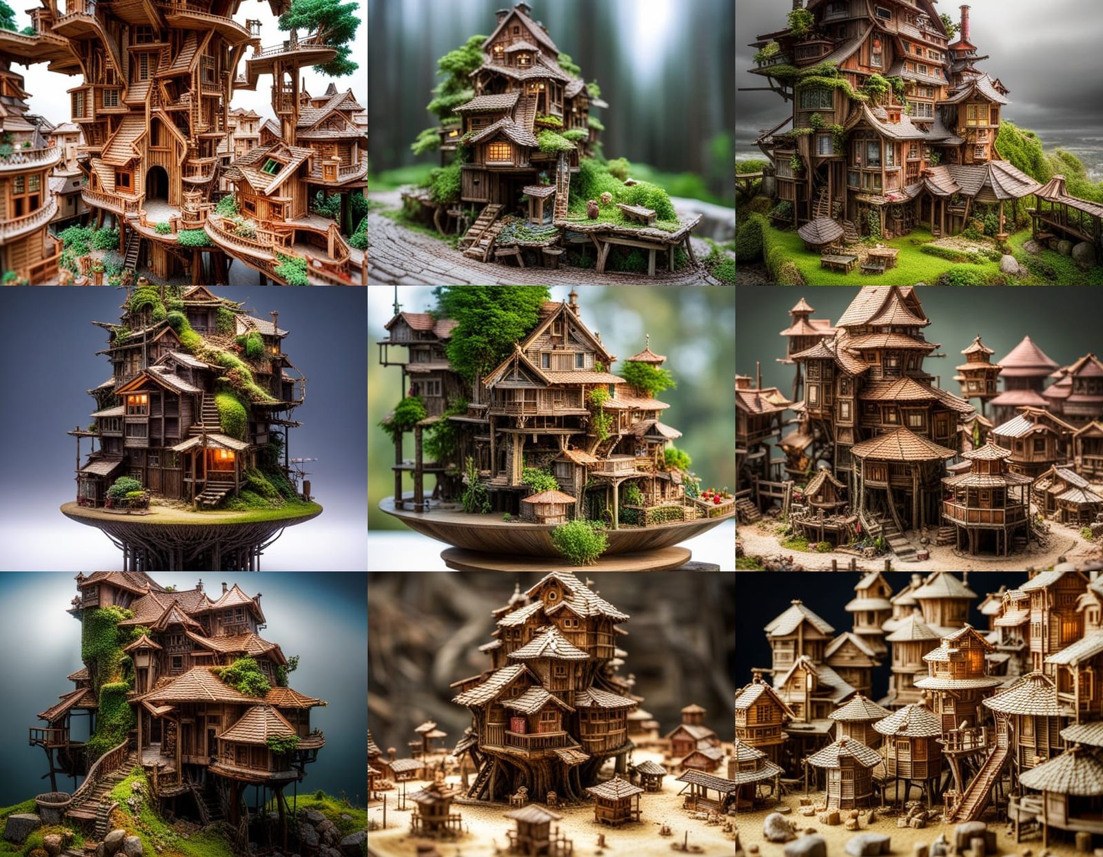 Surreal Miniature Treetop Village Sculpture
