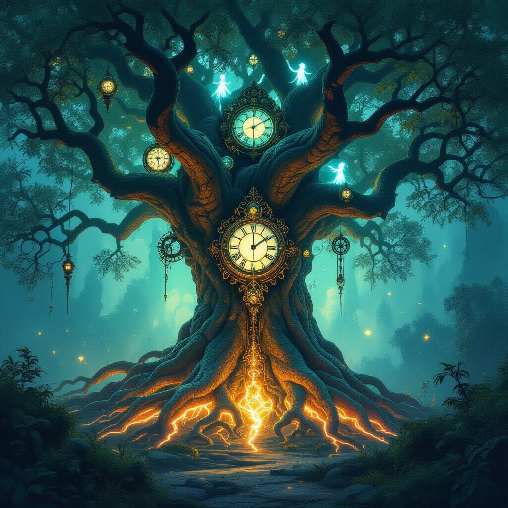 Clockwork Tree in Art Nouveau Matte Painting Style