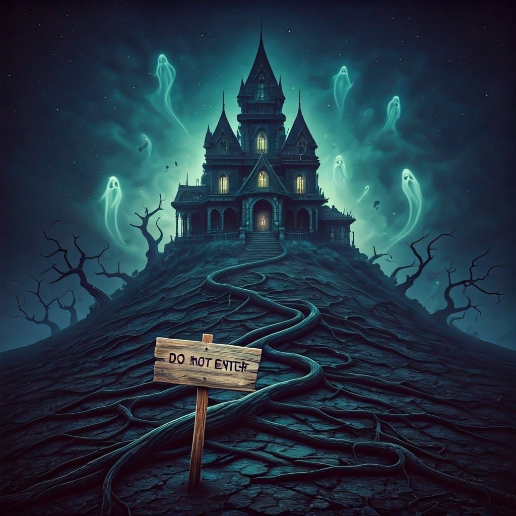Eerie Haunted Mansion on a Hill in Surreal Style