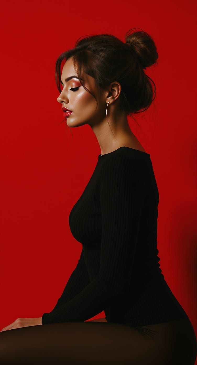 Brunette Woman in Profile with Crimson Backdrop