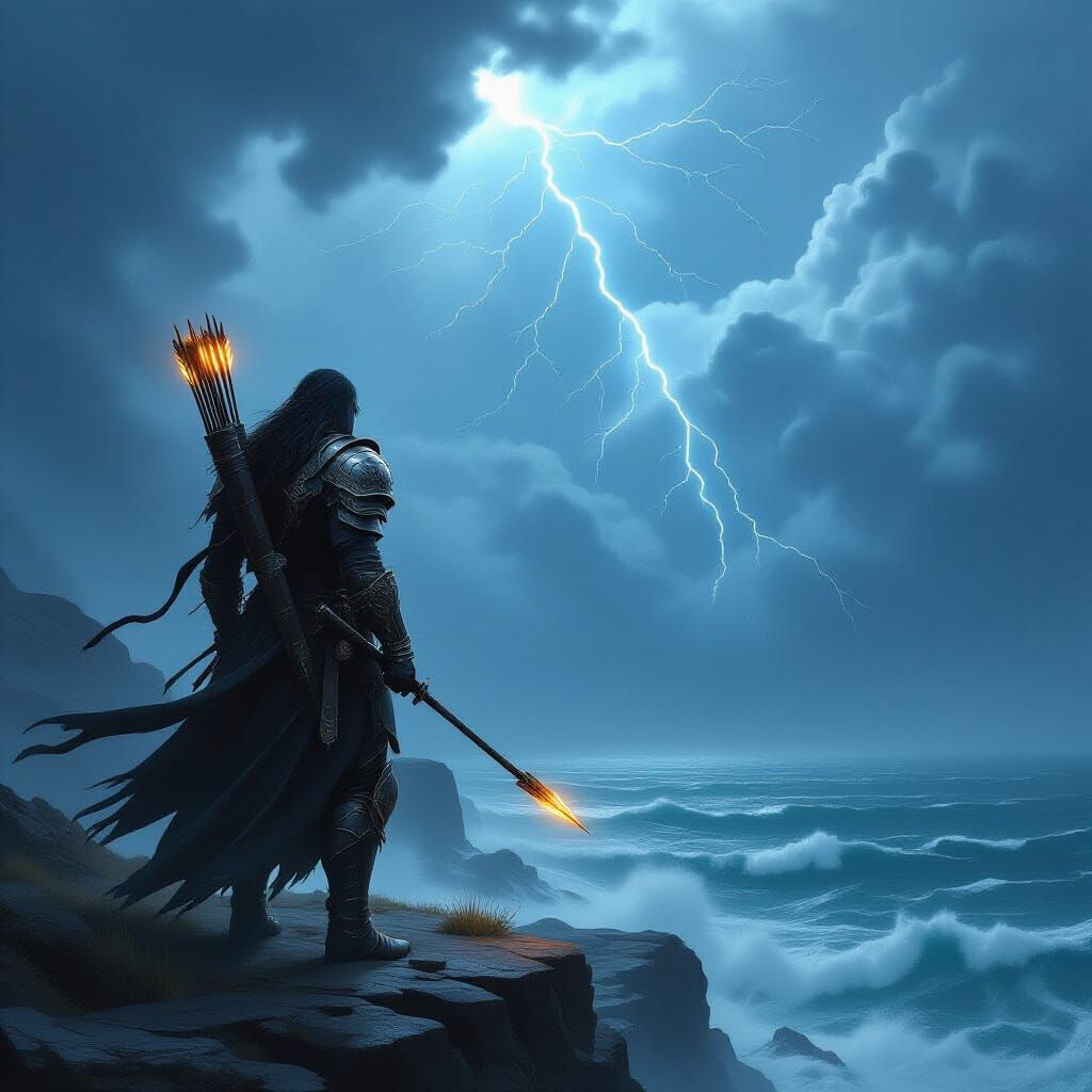 Stoic Warrior on Cliff Overlooking Stormy Sea