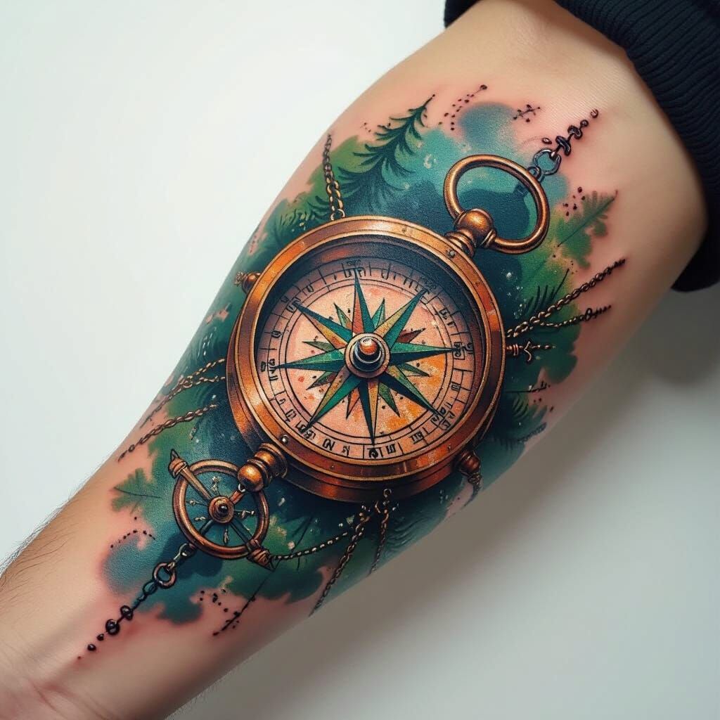 Compass Tattoo Design in Watercolour Style