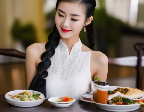 Chinese Girl in White Dress at Food Table, 8k