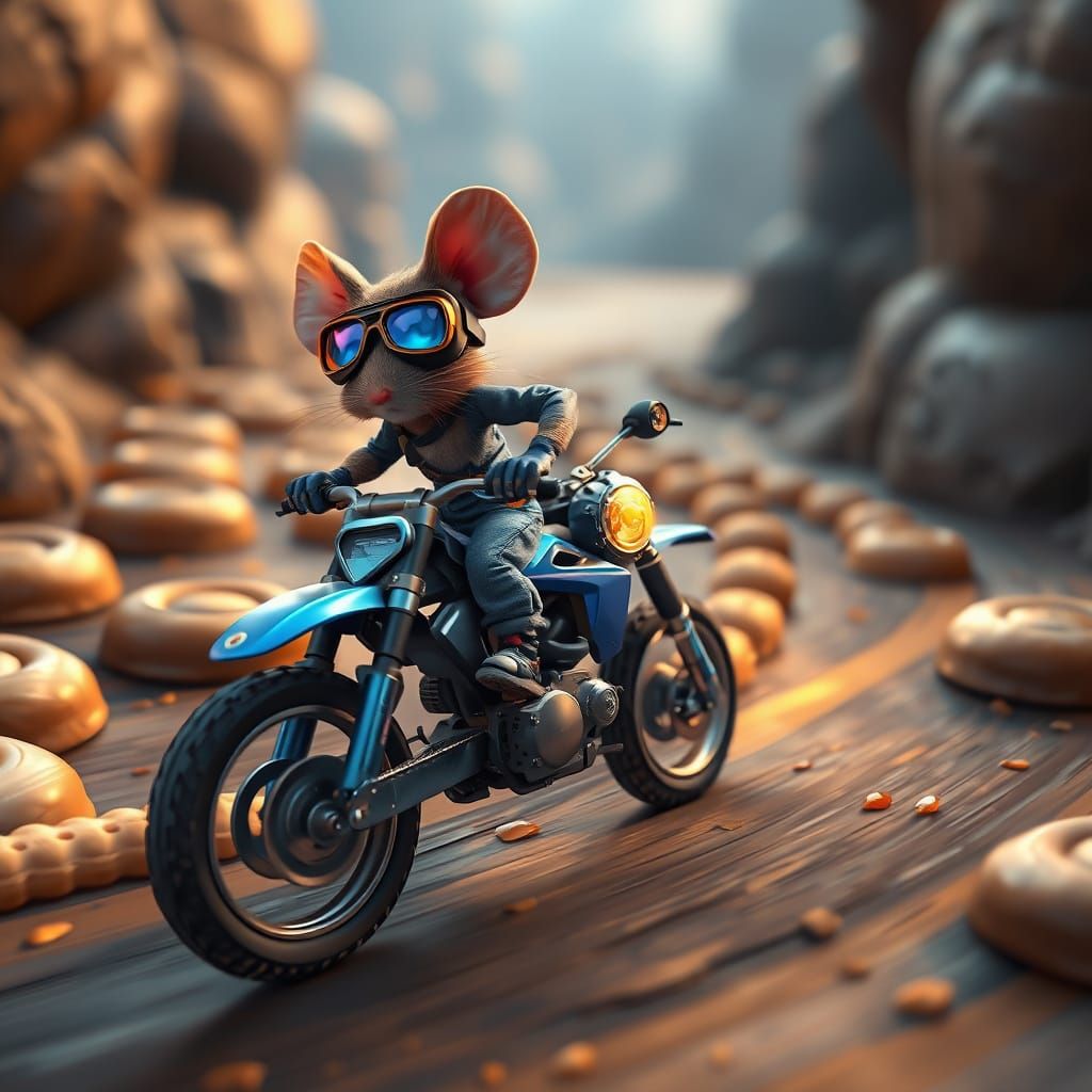 Sleek Mouse Rider Speeds Along Dessert Road in Whimsical Fut...