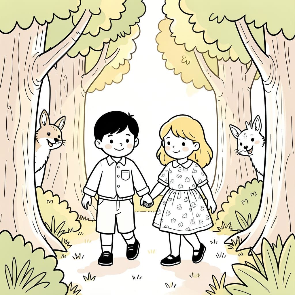 Children Explore Sunlit Forest with Woodland Friends