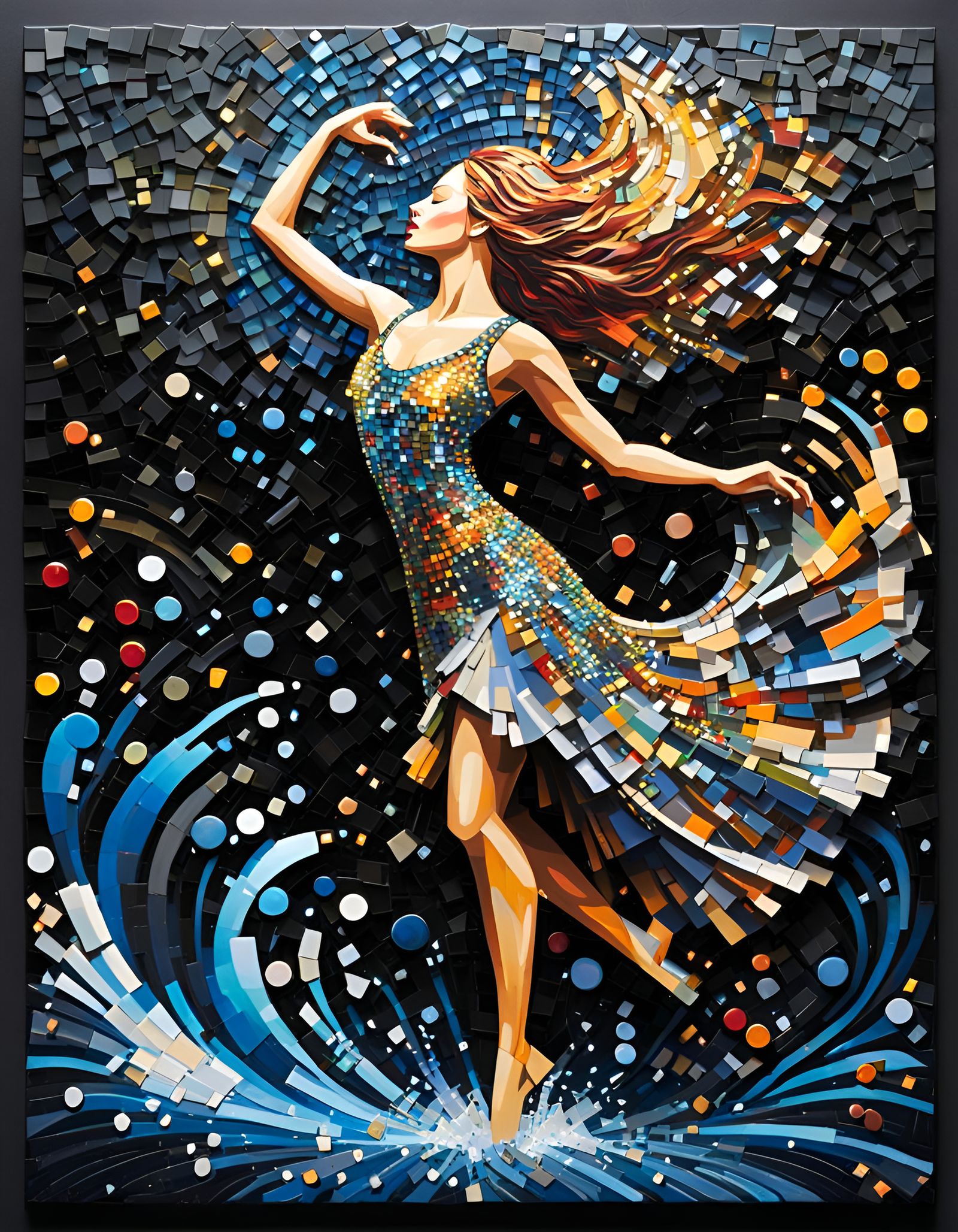 Perfectly detailed, Shiny, black background, tile mosaic, of a water girl dancing 

 Maximalist mosaic, tiny pieces, int...