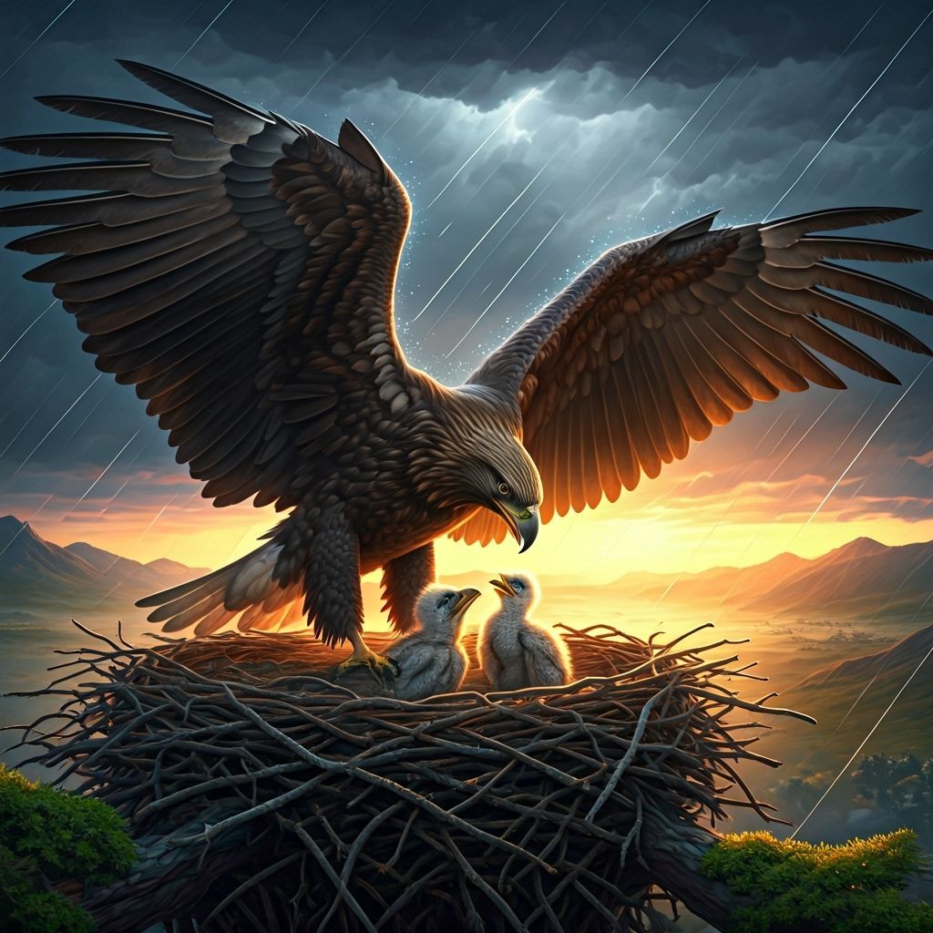 Eagle Protecting Eaglets in Storm, Golden Light