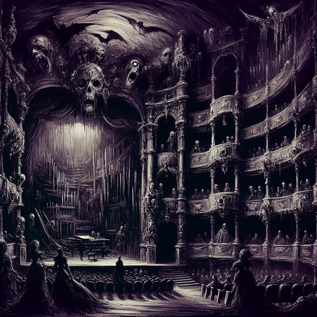 Gothic Opera House of Horror in Ominous Oil Painting