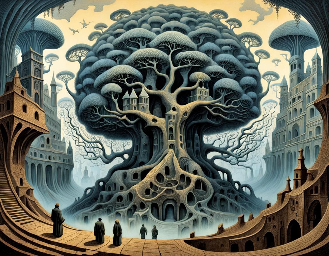 Surreal Tree in Dreamlike Landscape, Surrealist Painting