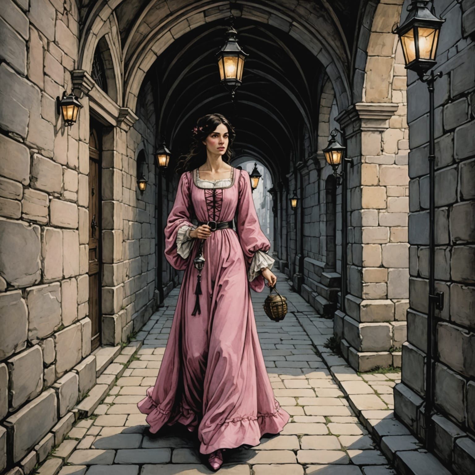 Medieval Woman with Lantern in Stone Corridor