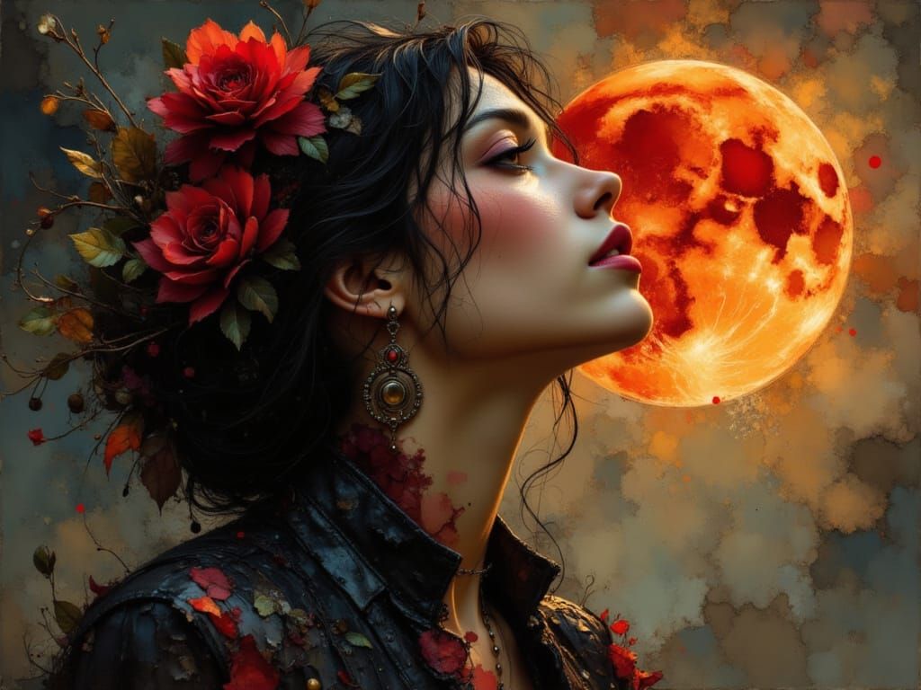 Spanish Woman Gazing at Blood Moon, Artstation Style
