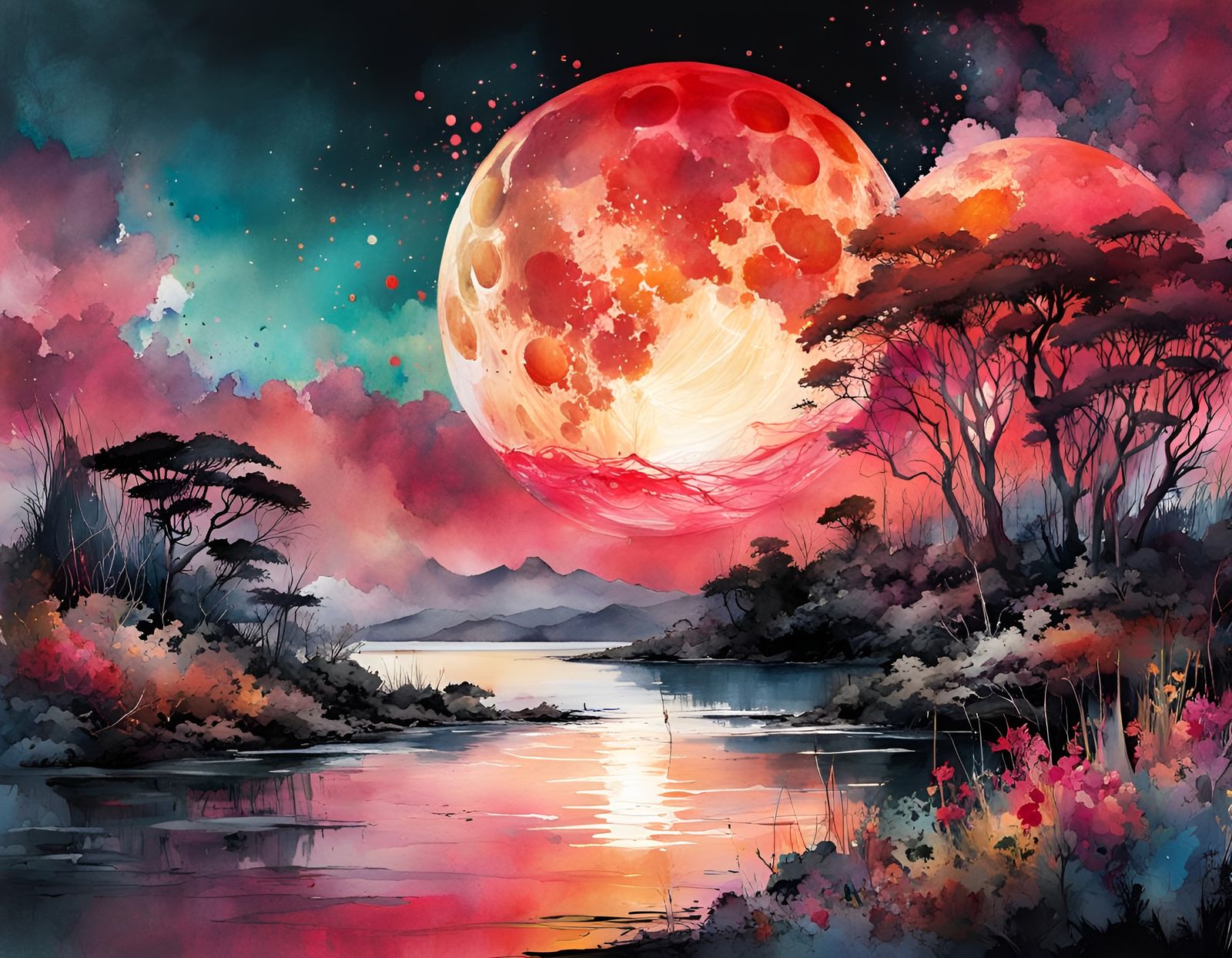Blood Moon Summerscape: Digital Watercolor Illustration