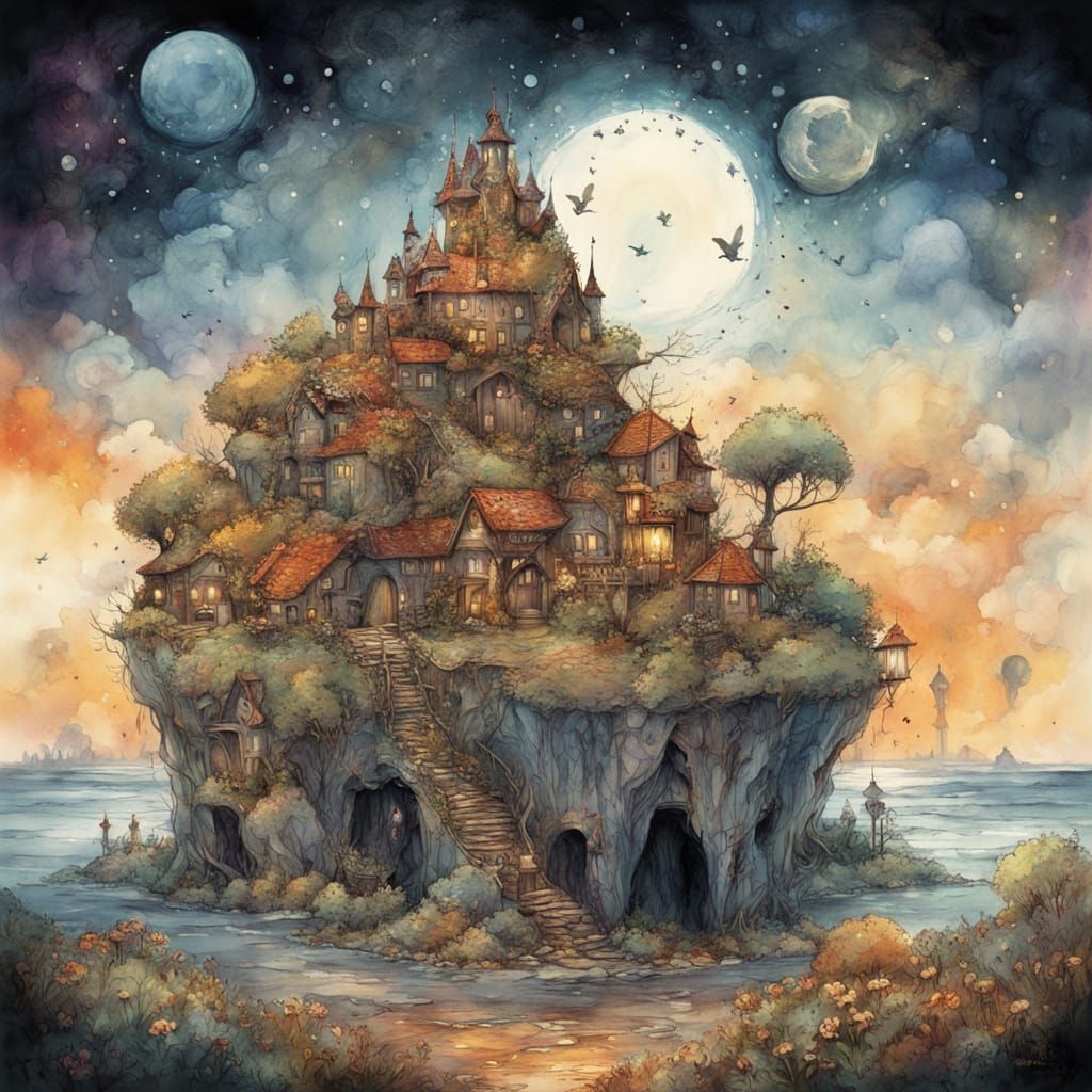 Enchanting Whimsical Cave Home in Watercolor Poster Art