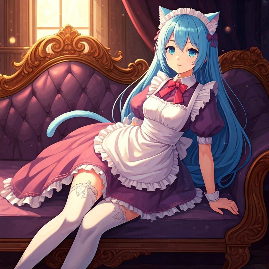 Azure-Haired Cat Girl Maid in Opulent Setting