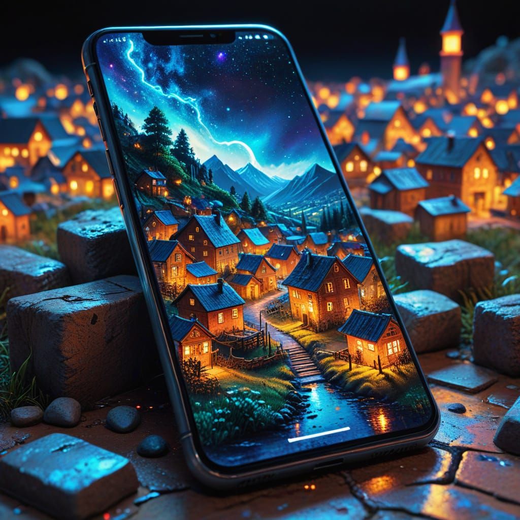 Glowing Village on Phone Screen as Digital Art
