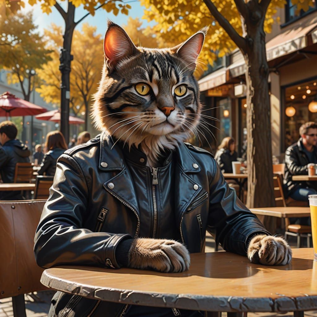 Gen X cat dressed in a leather jacket hanging out at an outd...