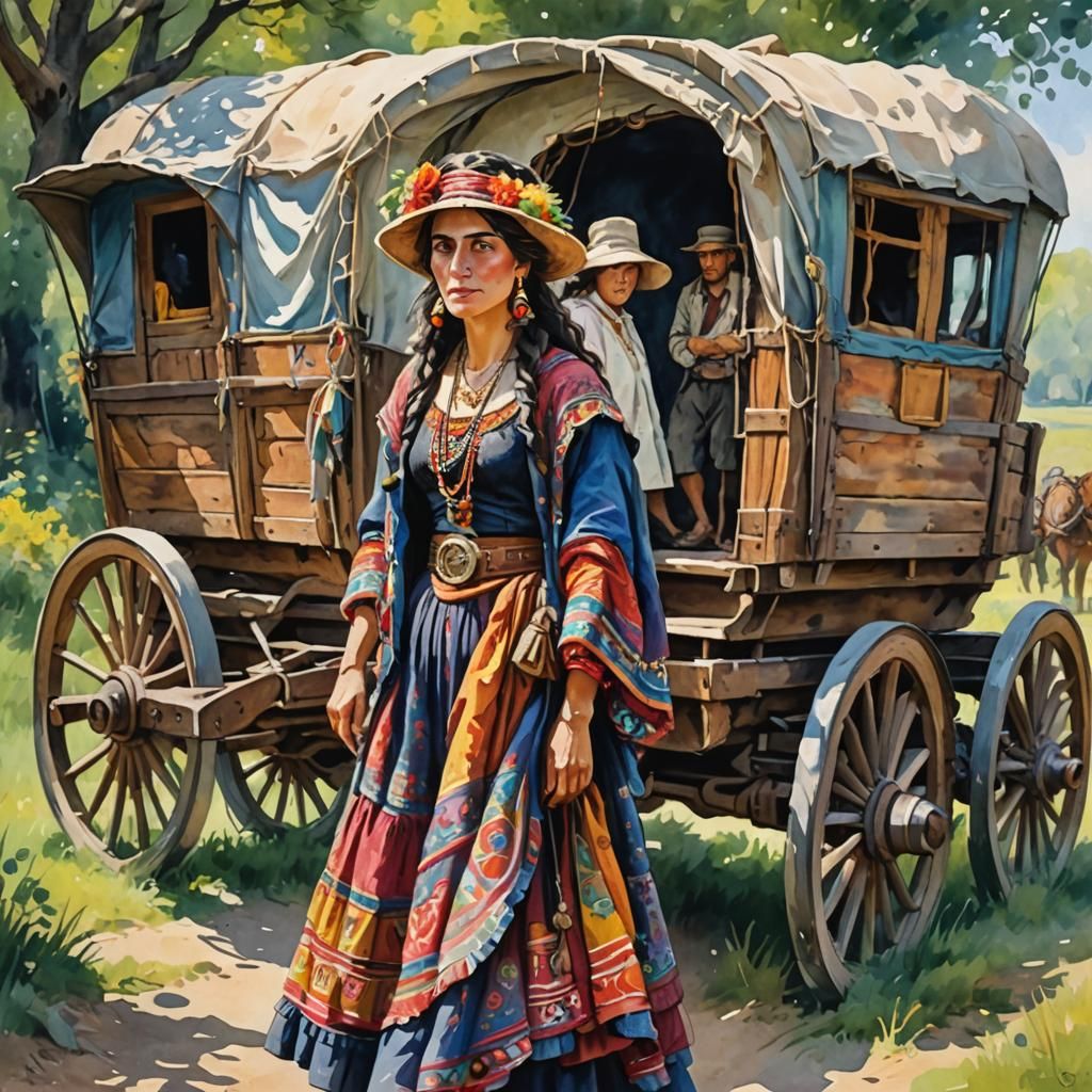 Gypsy woman and her gypsy wagon