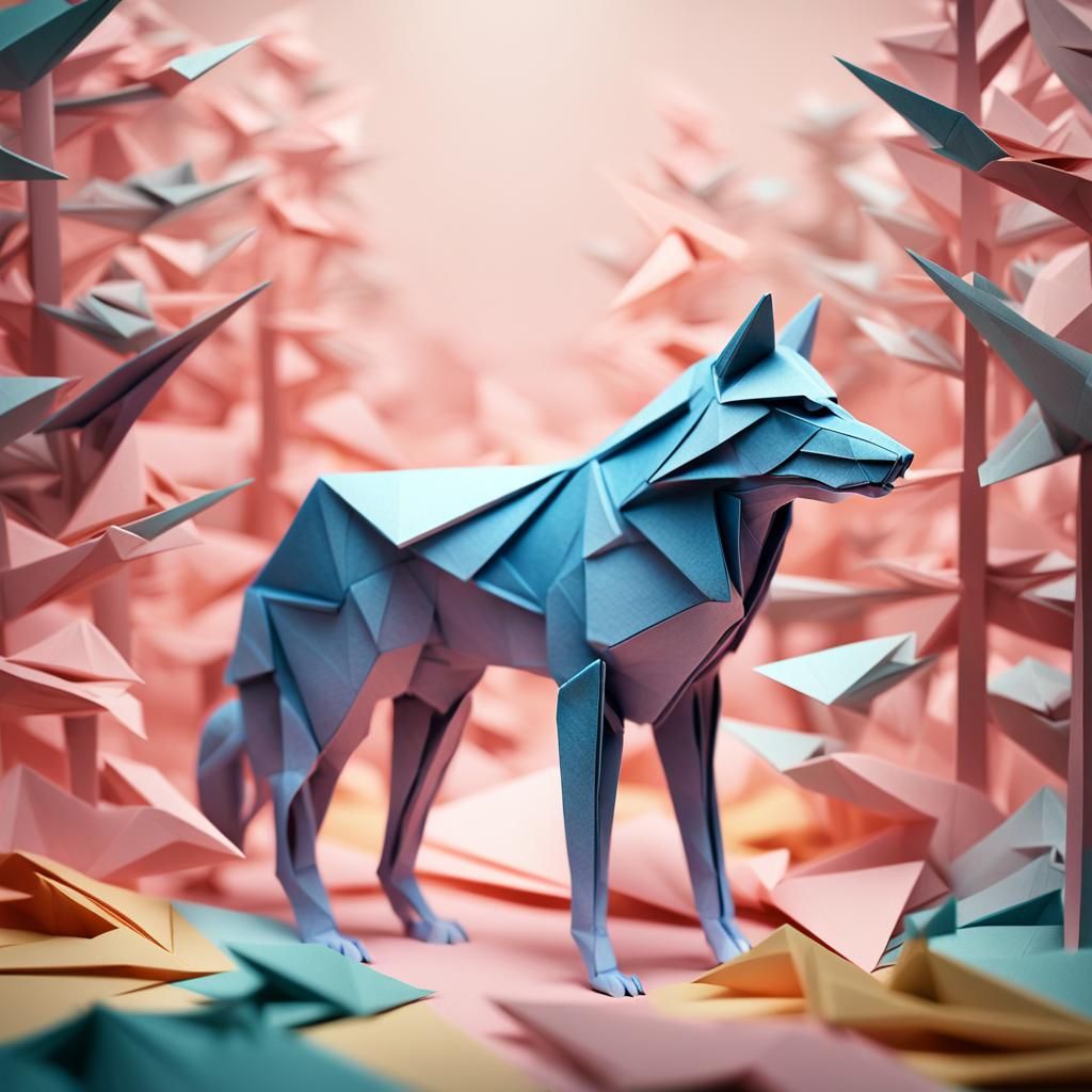 Origami Wolf in an Origami Forest: Digital Art