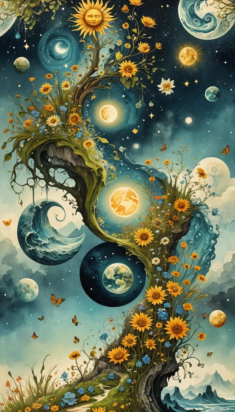 Surreal Yin Yang Landscape in Watercolor Style