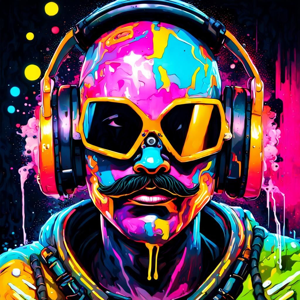 Neon Beach DJ Cyborg Portrait in Graffiti Art Style