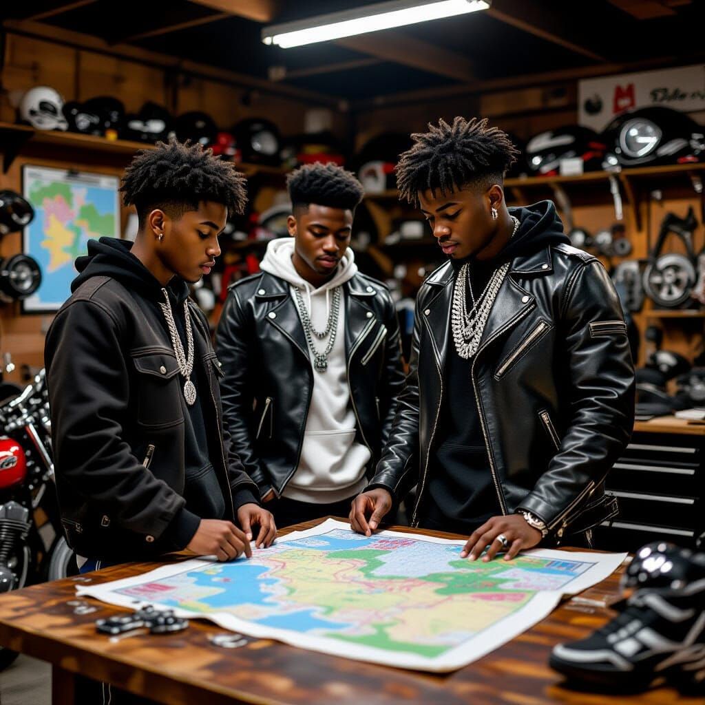 Teenagers Plan with Boss at Motorcycle Shop