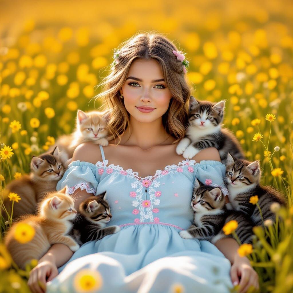 Golden Hour Portrait with Kittens in Wildflower Meadow