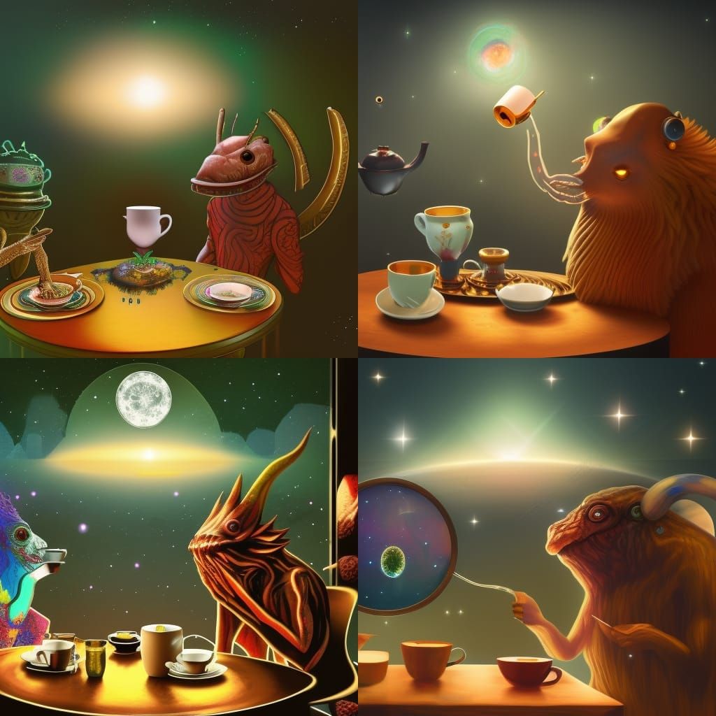 Space Monster's Elegant Tea Party: Cosmic Illustration
